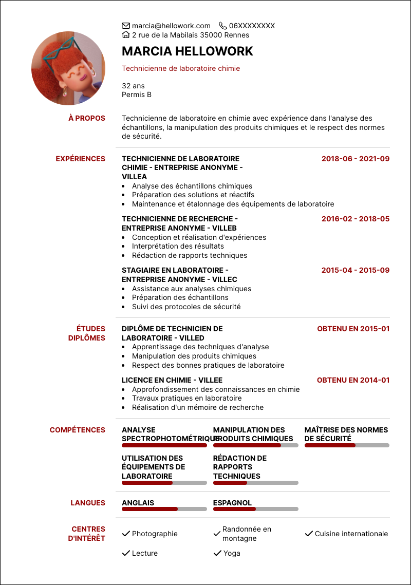 Modèle CV Technicien laboratoire chimie Exemple CV Technicien laboratoire chimie