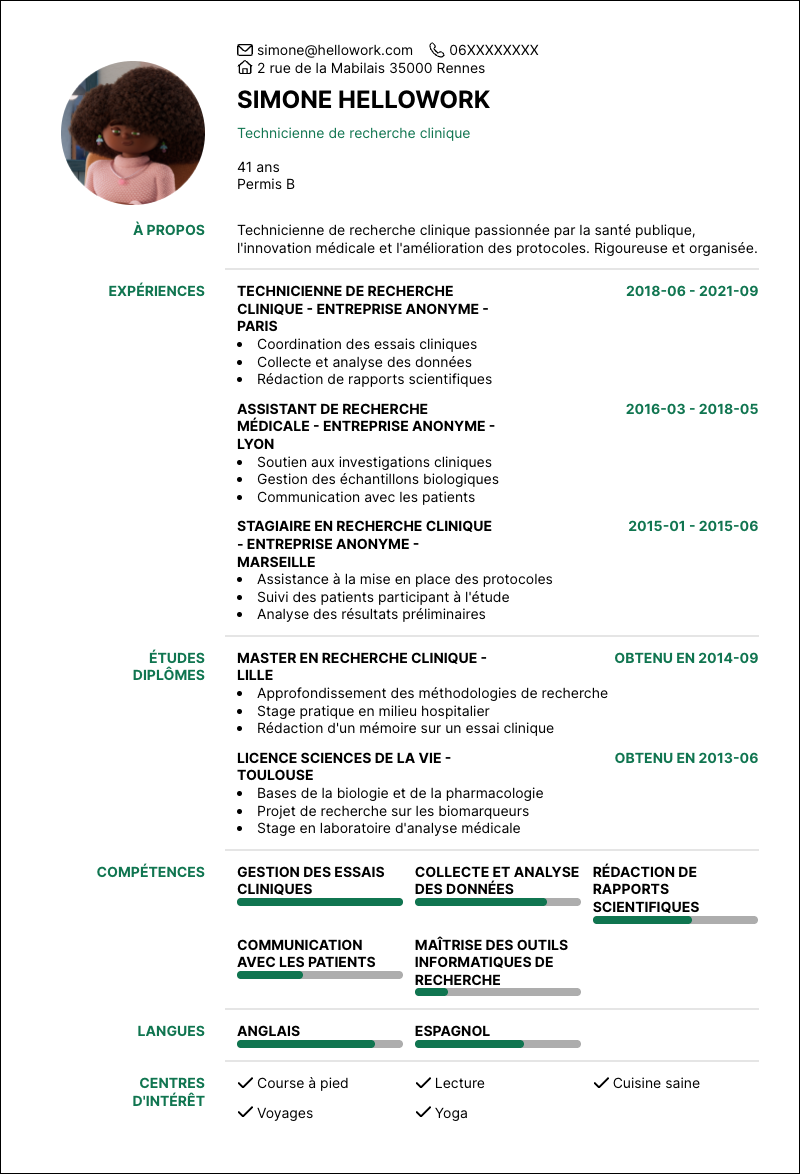 Modèle CV Technicien de recherche clinique Exemple CV Technicien de recherche clinique