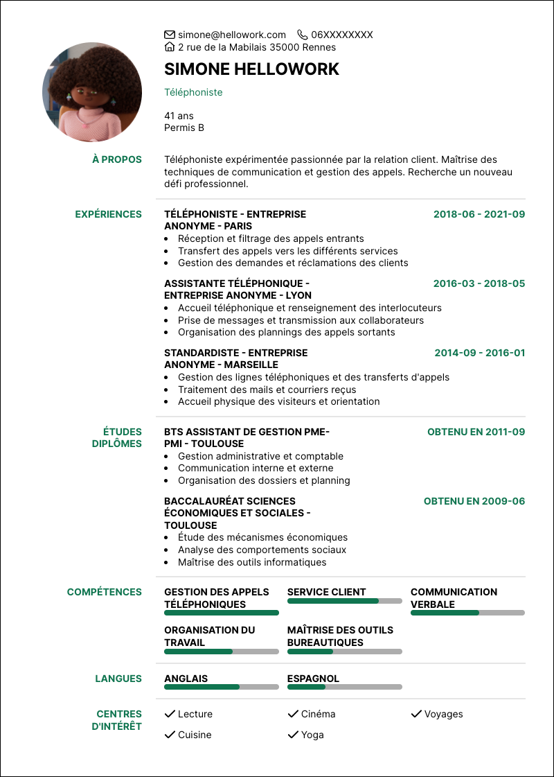 Modèle CV Téléphoniste Exemple CV Téléphoniste