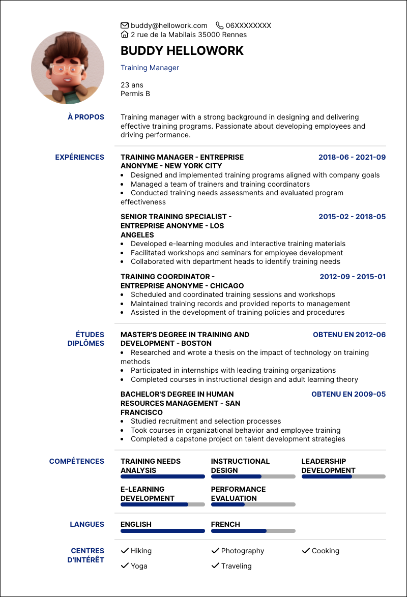 Modèle CV Training manager Exemple CV Training manager