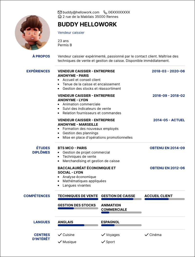 Modèle CV Vendeur caissier Exemple CV Vendeur caissier