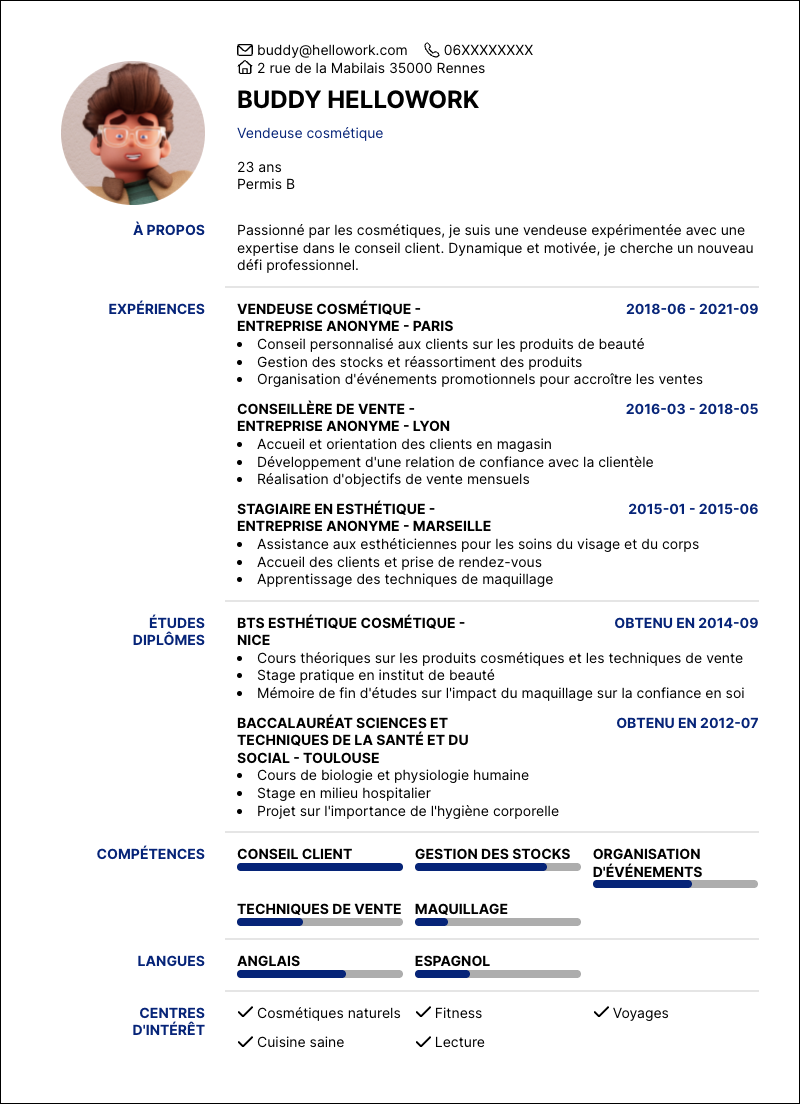 Modèle CV Vendeuse cosmétique Exemple CV Vendeuse cosmétique