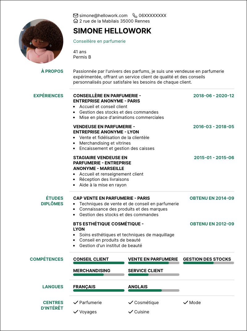 Modèle CV Vendeuse en parfumerie Exemple CV Vendeuse en parfumerie