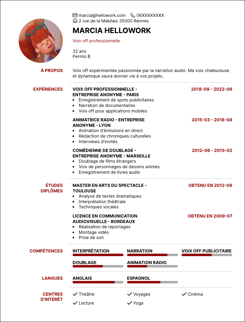 Modèle CV Voix off Exemple CV Voix off