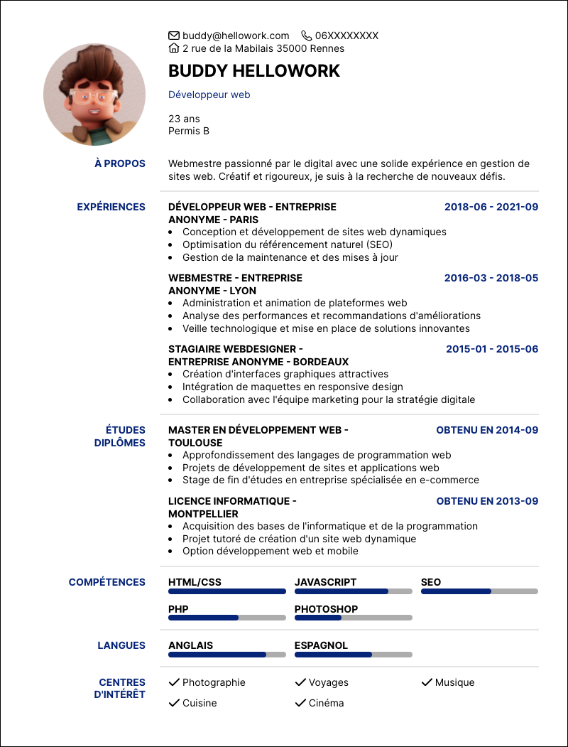 Modèle CV Webmestre Exemple CV Webmestre
