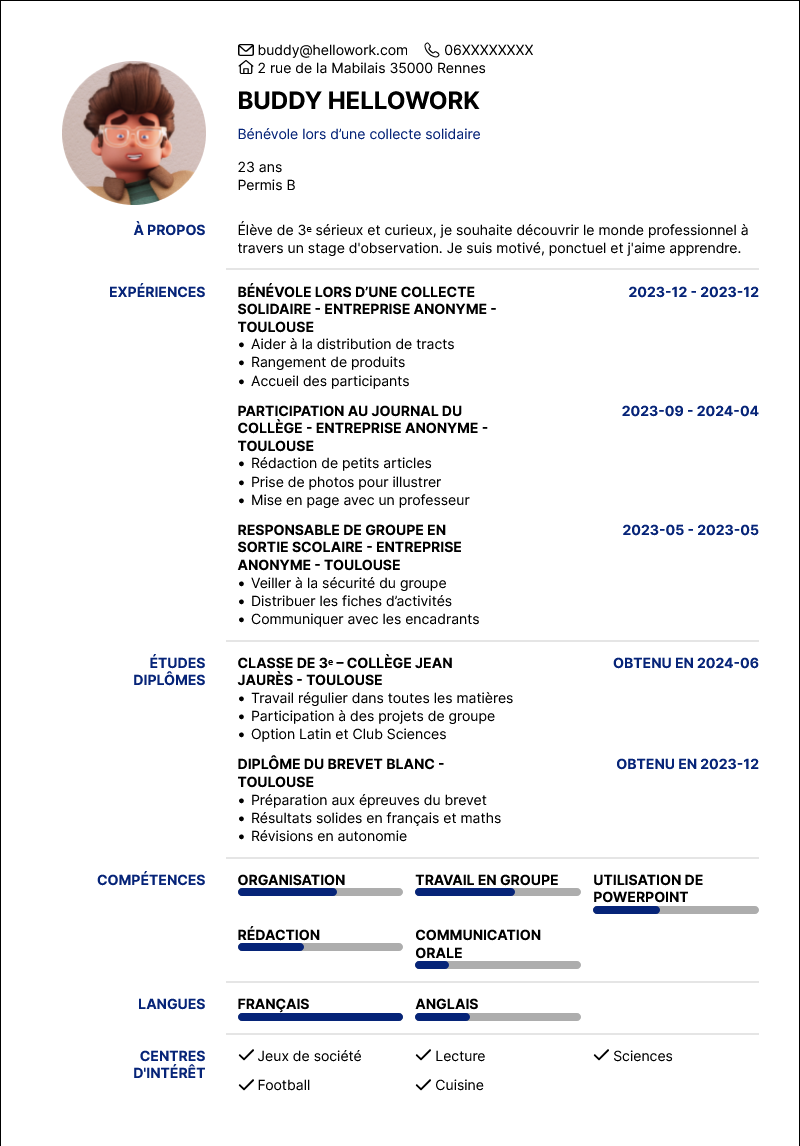 Exemple CV Stage 3ème