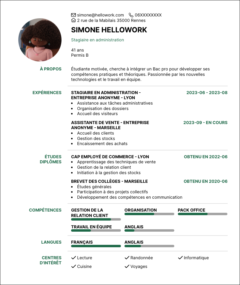 Modèle CV Bac pro Exemple CV Bac pro