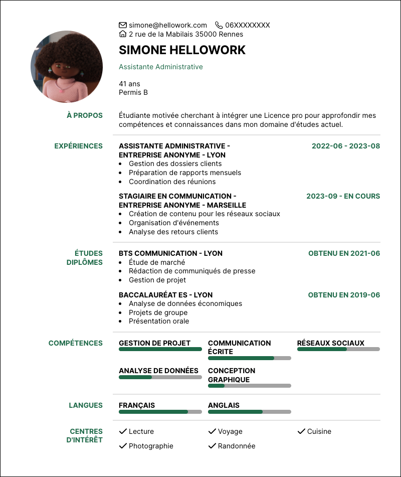 Exemple CV Licence pro