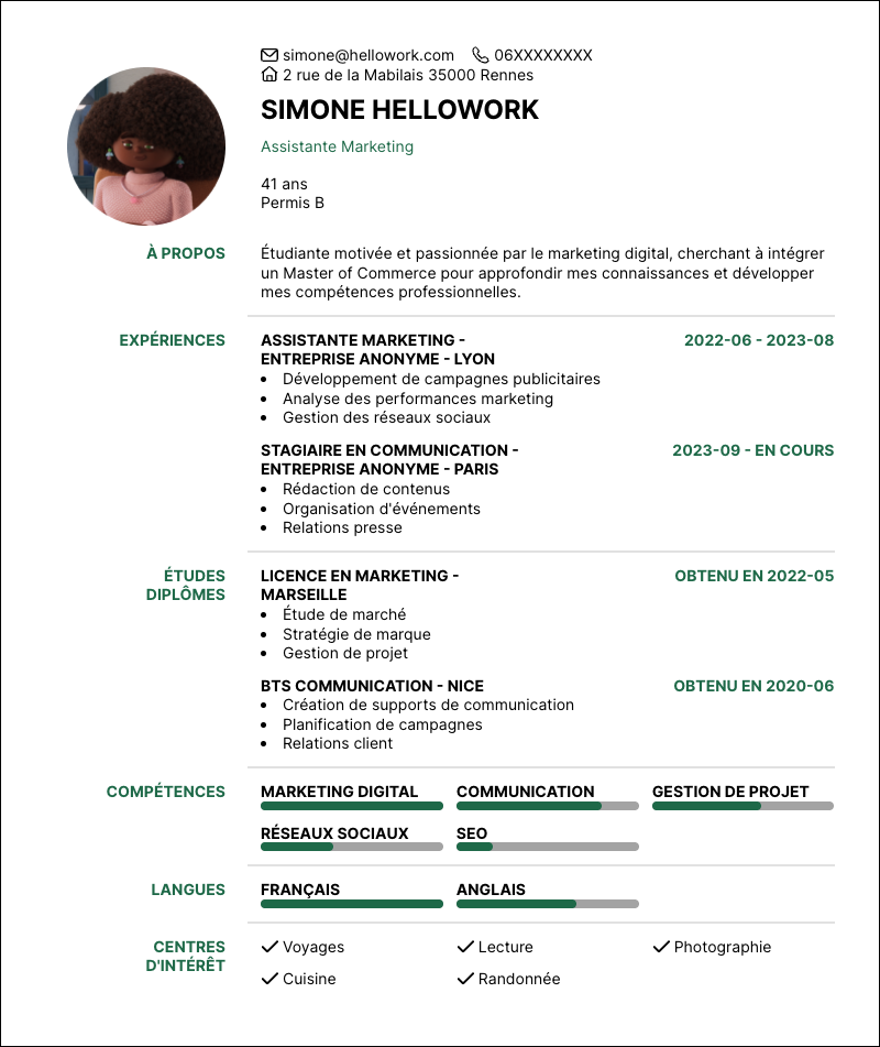 Modèle CV MC Exemple CV MC