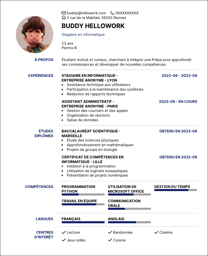 Exemple CV Prépa