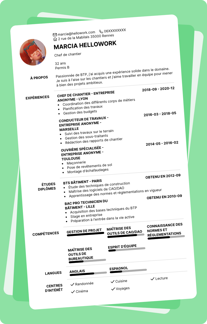 Modèle CV BTP Exemple CV BTP