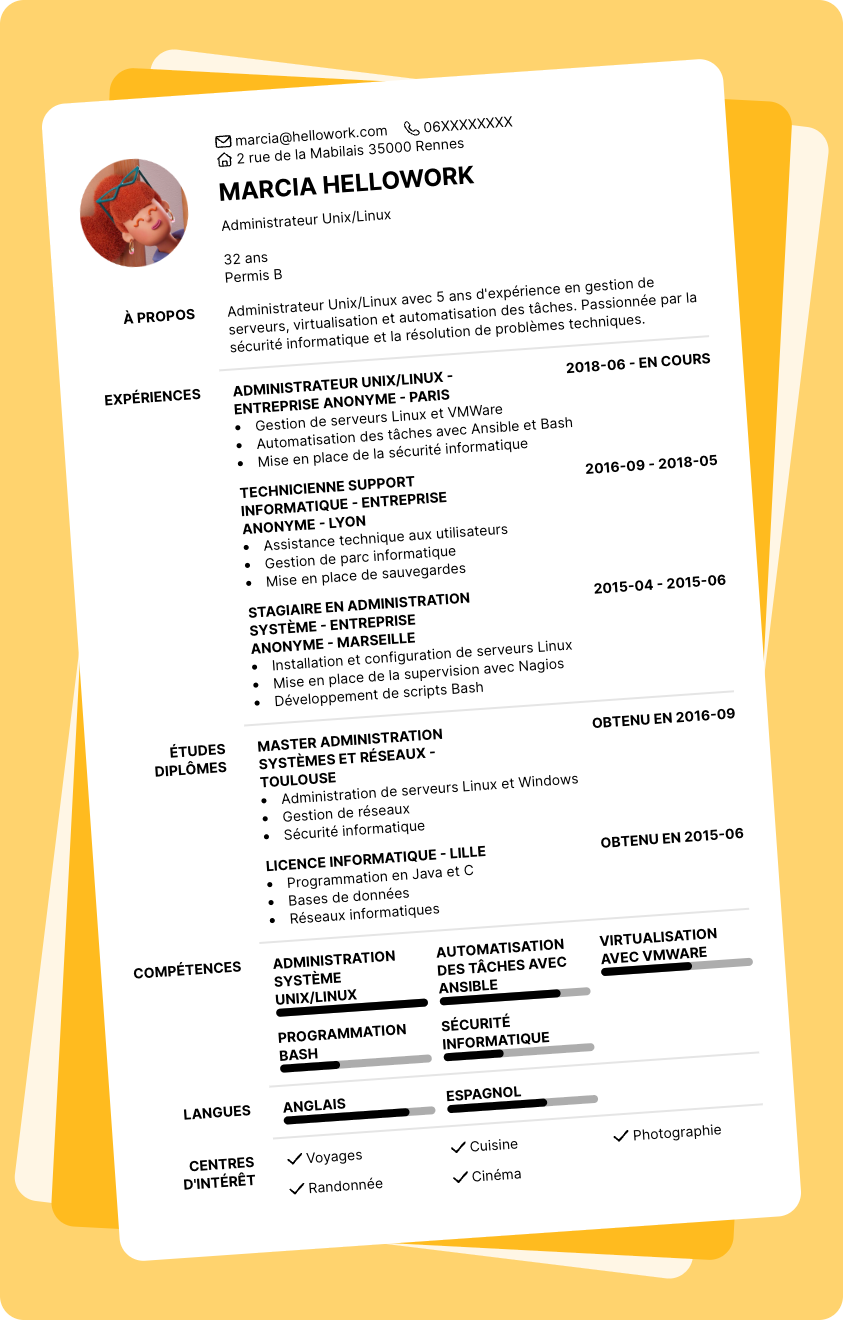 Modèle CV Administrateur unix Exemple CV Administrateur unix
