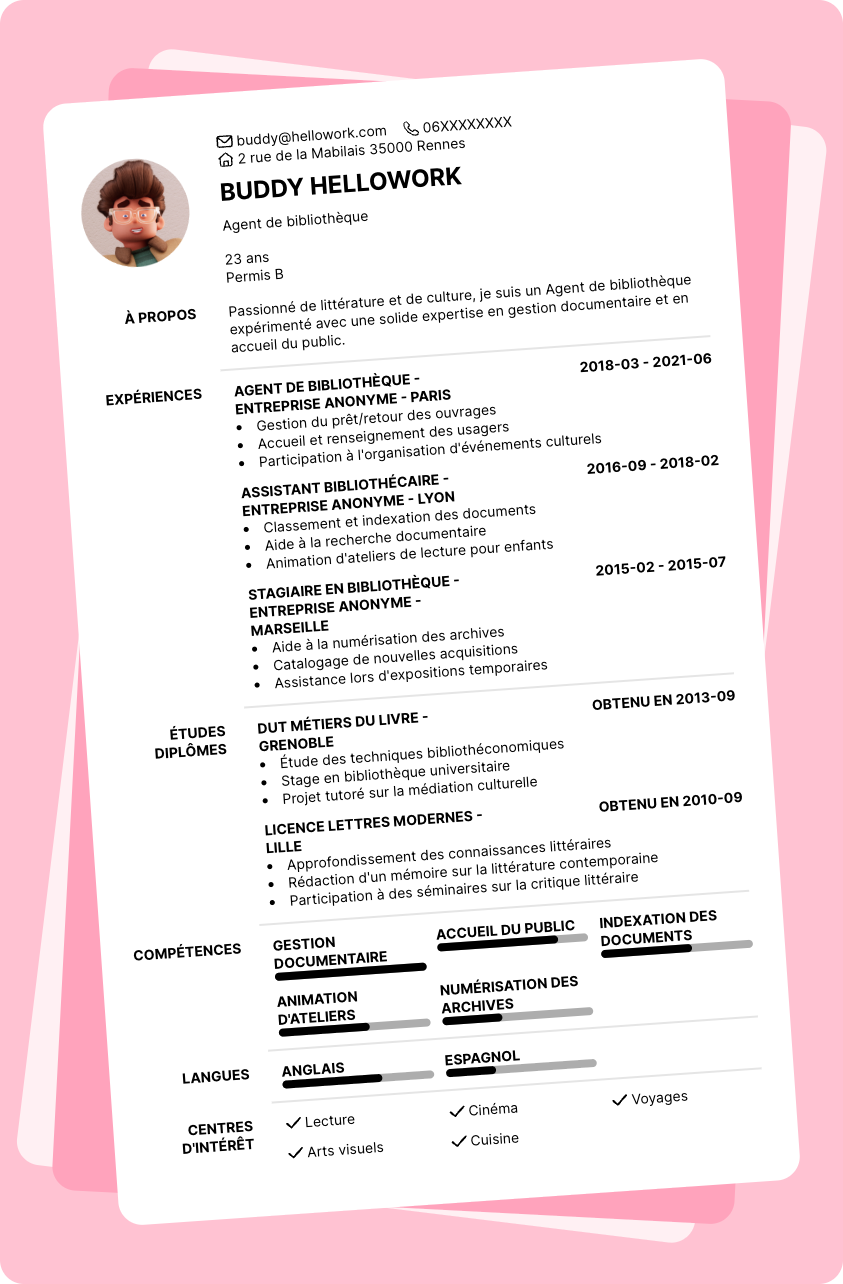 Modèle CV Agent bibliothèque Exemple CV Agent bibliothèque