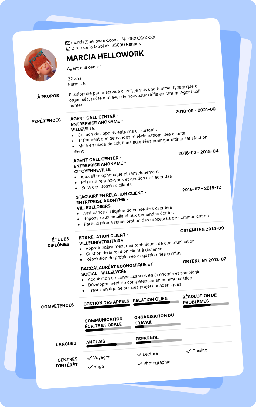 Modèle CV Agent call center Exemple CV Agent call center