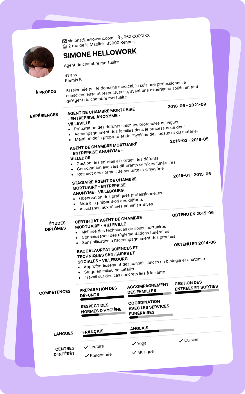 Modèle CV Agent de chambre mortuaire Exemple CV Agent de chambre mortuaire