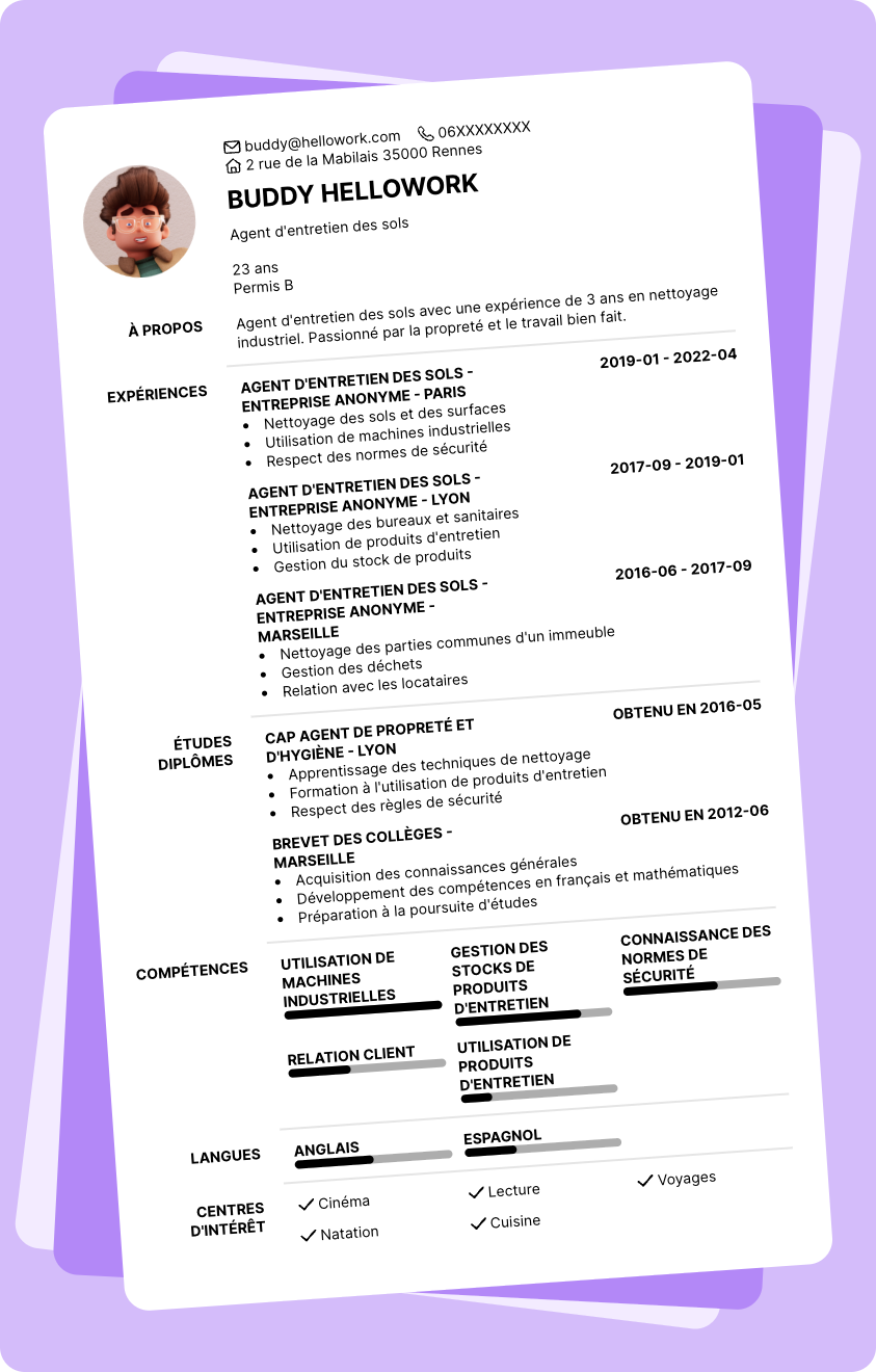 Modèle CV Agent de nettoyage Exemple CV Agent de nettoyage