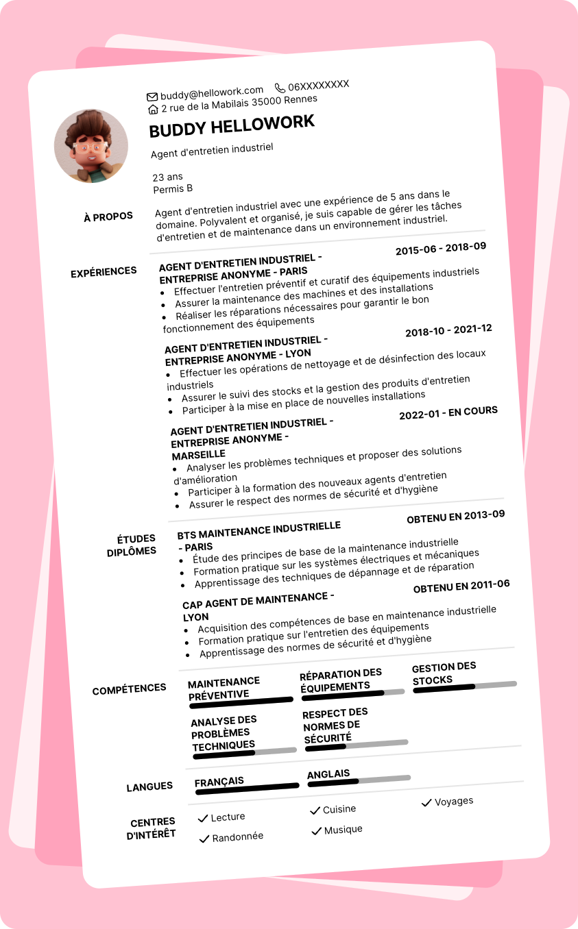 Modèle CV Agent d'entretien industriel Exemple CV Agent d'entretien industriel