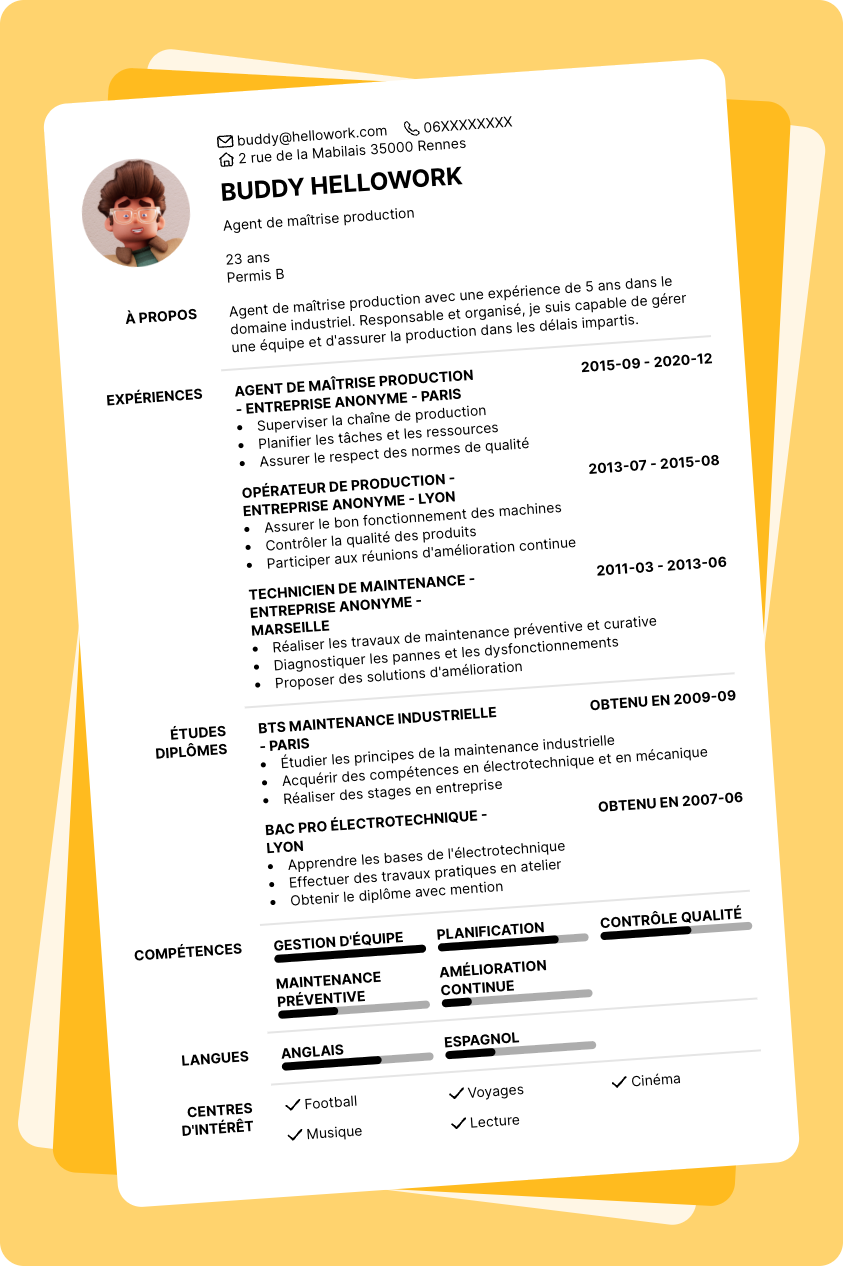 Modèle CV Agent de maîtrise production Exemple CV Agent de maîtrise production