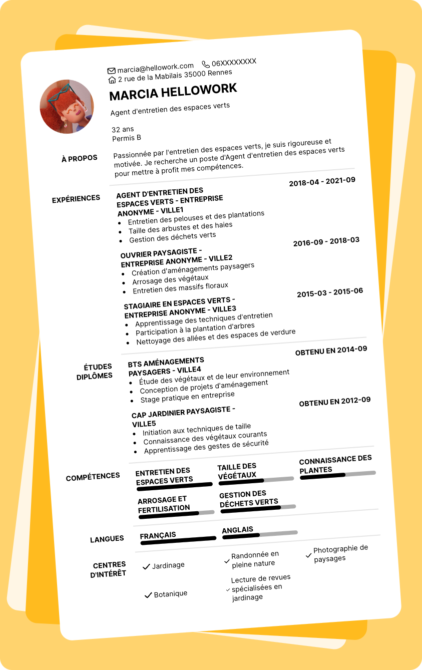 Modèle CV Agent d'entretien des espaces verts Exemple CV Agent d'entretien des espaces verts