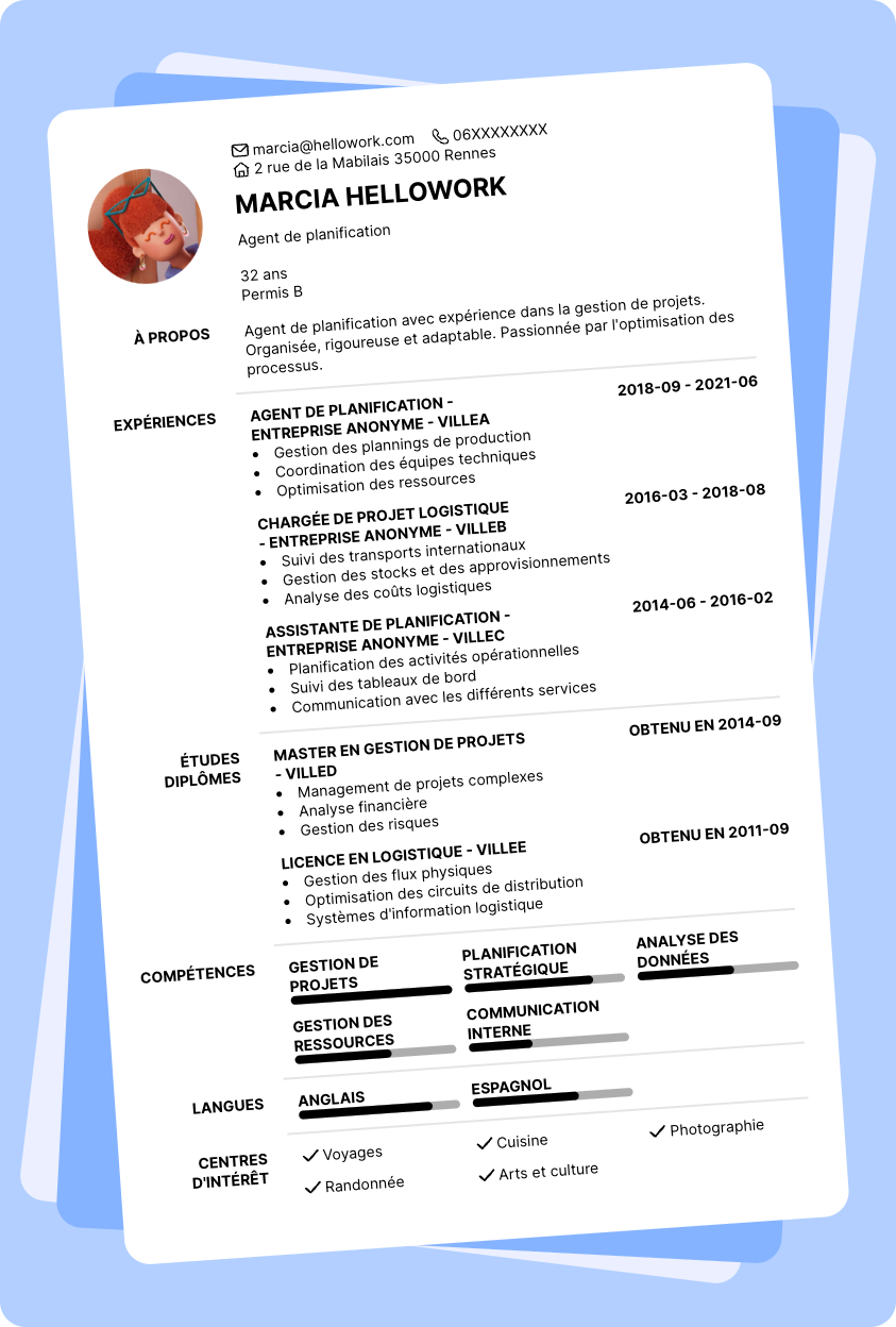 Modèle CV Agent de planification Exemple CV Agent de planification