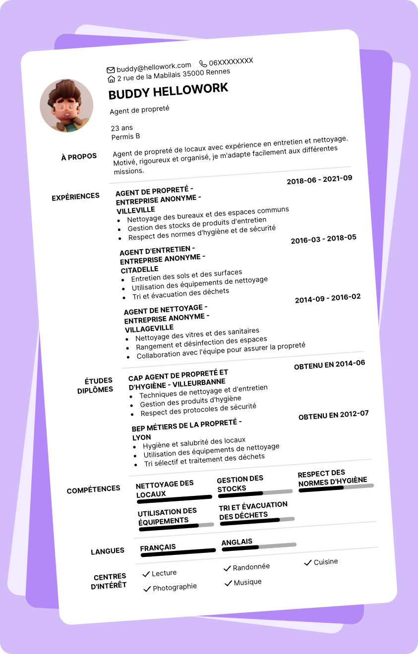 Exemple CV Agent de propreté de locaux