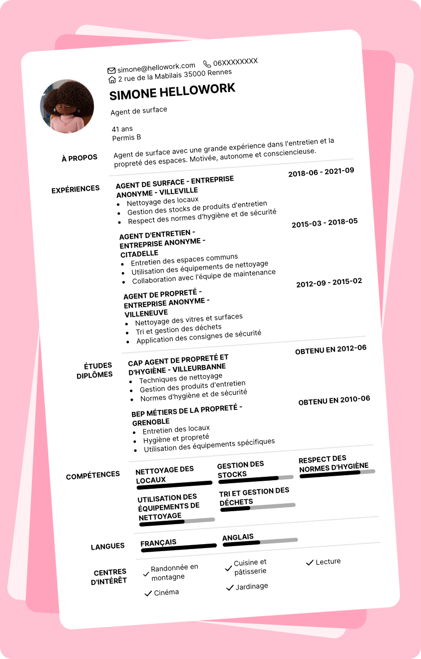 Modèle CV Agent de surface Exemple CV Agent de surface