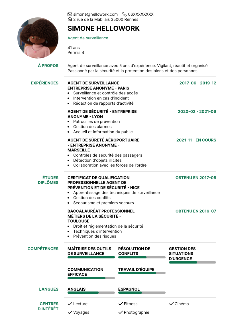 Exemple CV Agent de surveillance