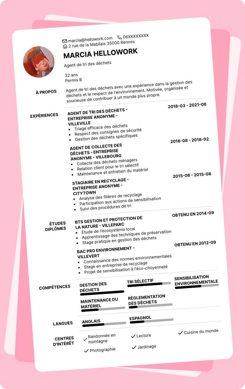 Modèle CV Agent de tri des déchets Exemple CV Agent de tri des déchets