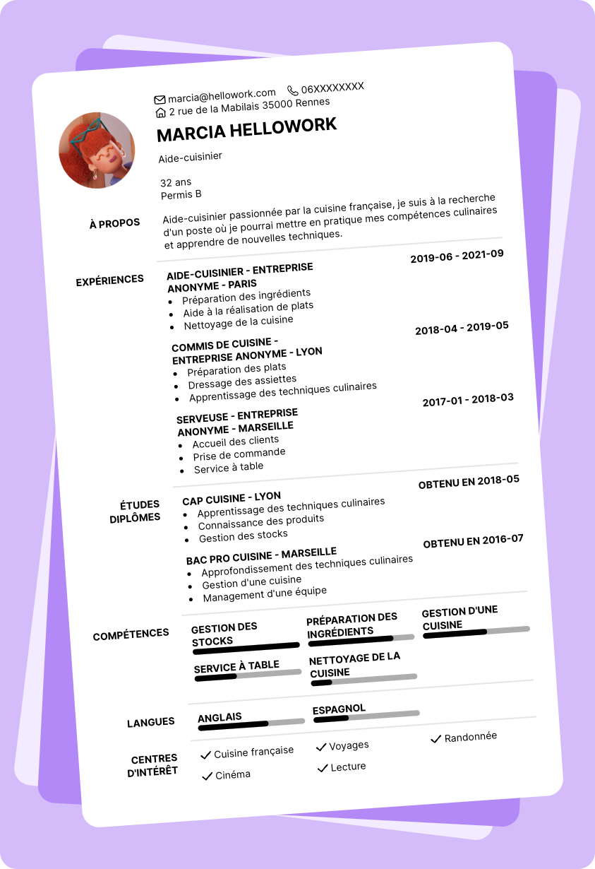 Modèle CV Aide cuisinier Exemple CV Aide cuisinier
