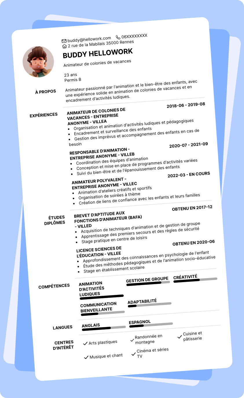 Exemple CV Animateur colonie de vacances