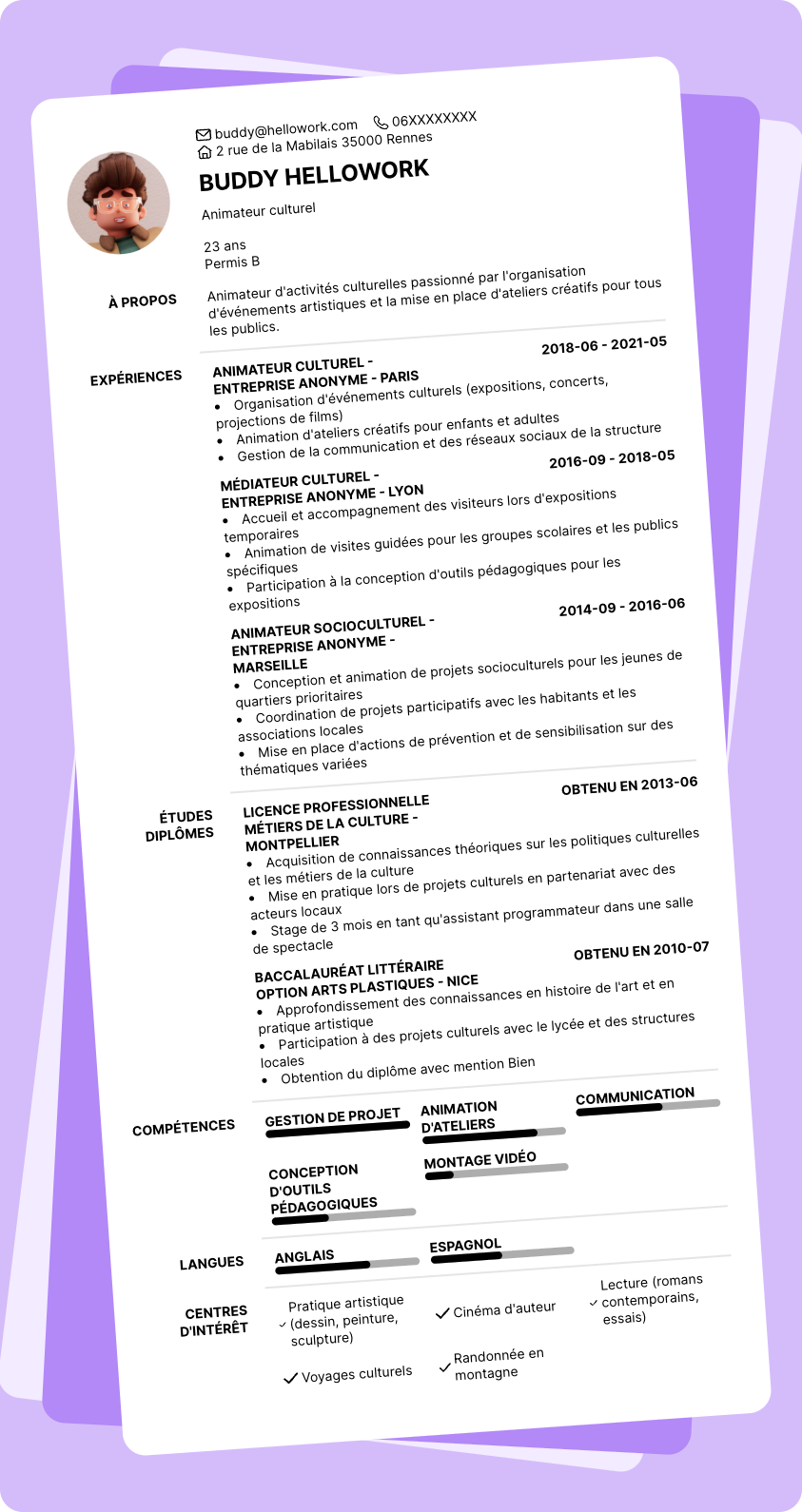 Modèle CV Animateur d'activités culturelles Exemple CV Animateur d'activités culturelles