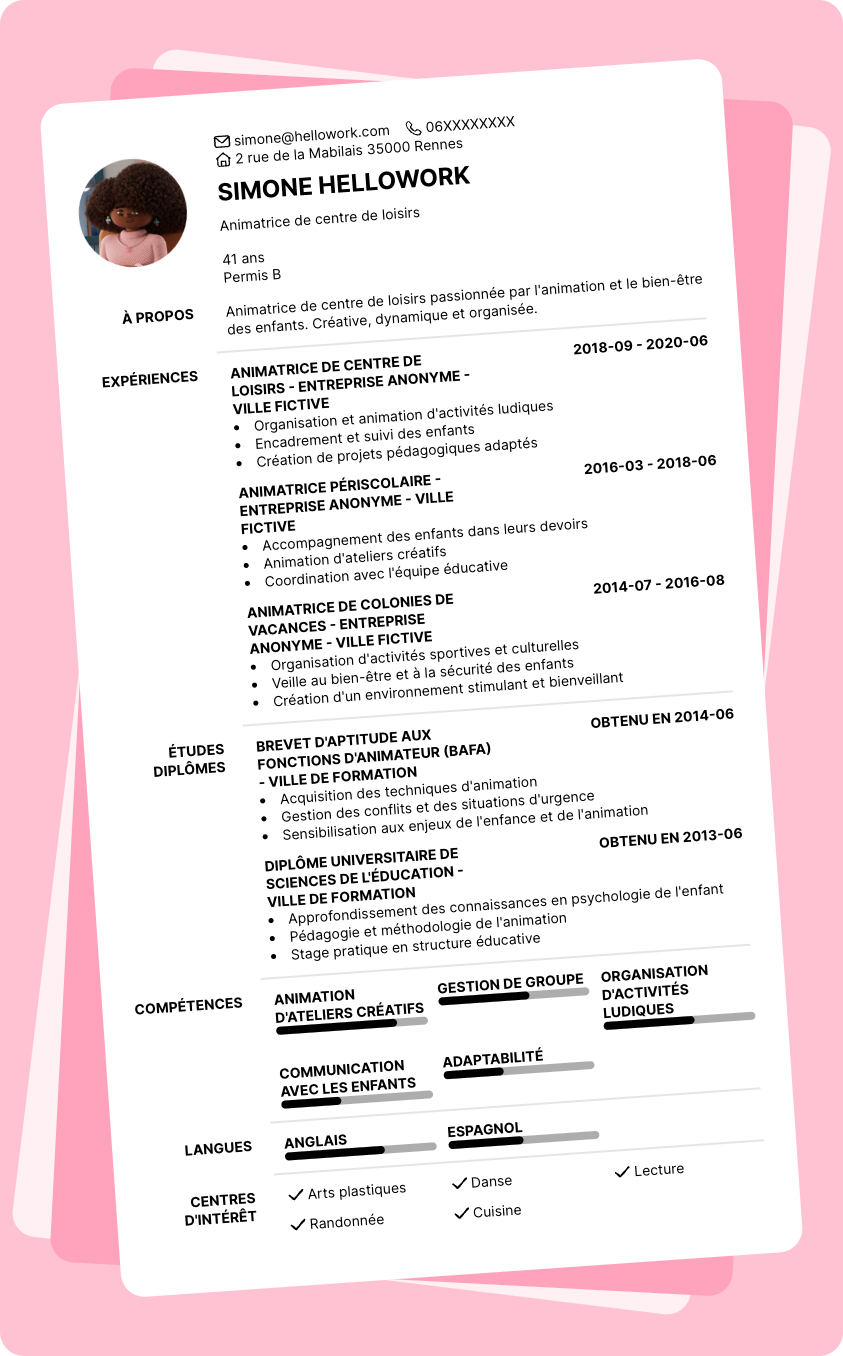 Exemple CV Animatrice de centre de loisirs