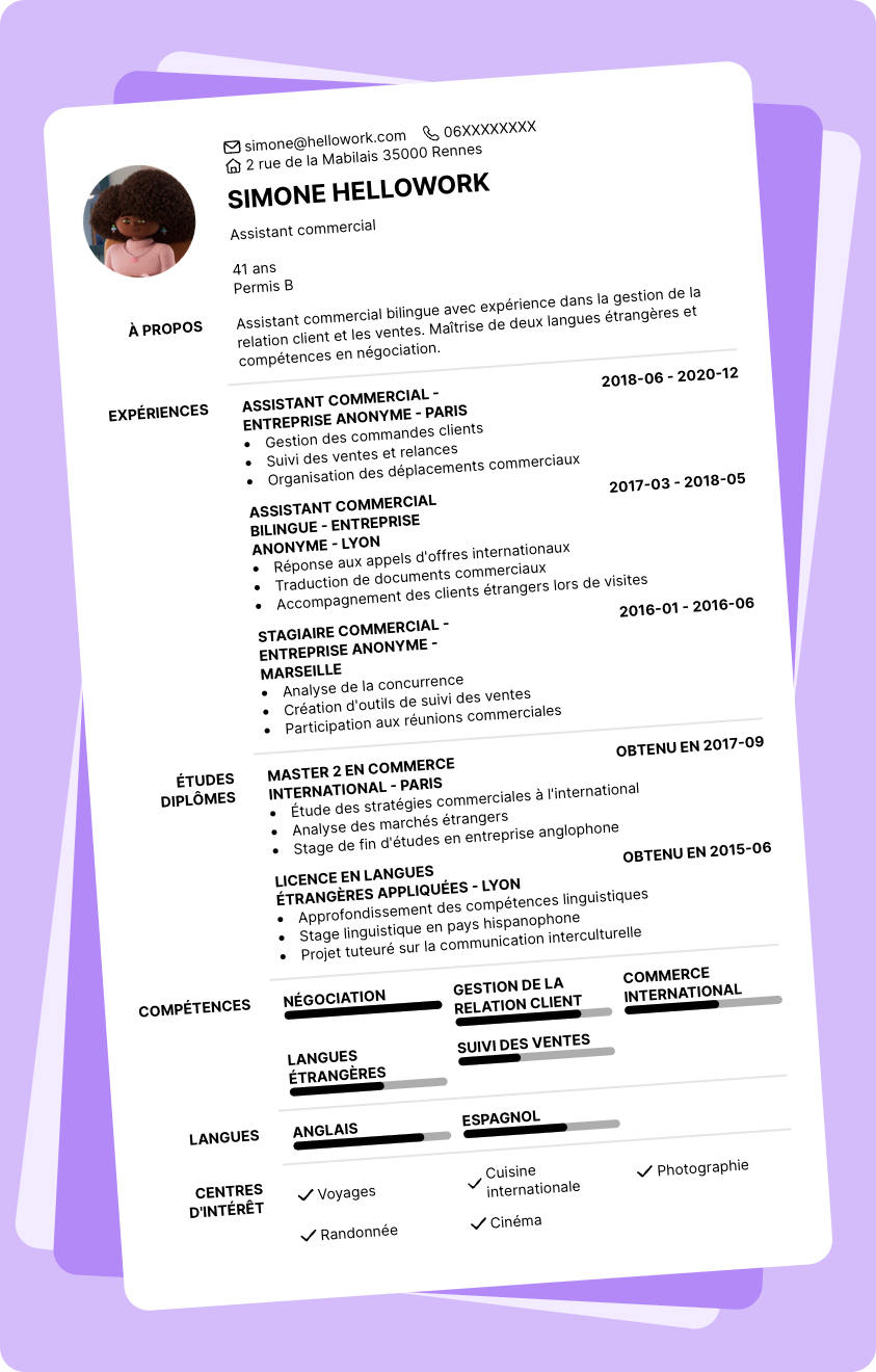 Modèle CV Assistant commercial bilingue Exemple CV Assistant commercial bilingue