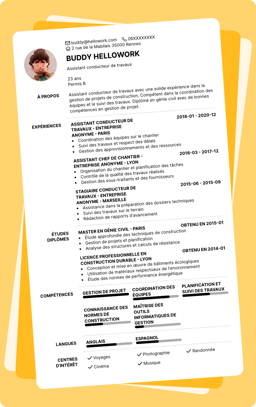 Exemple CV Assistant conducteur de travaux