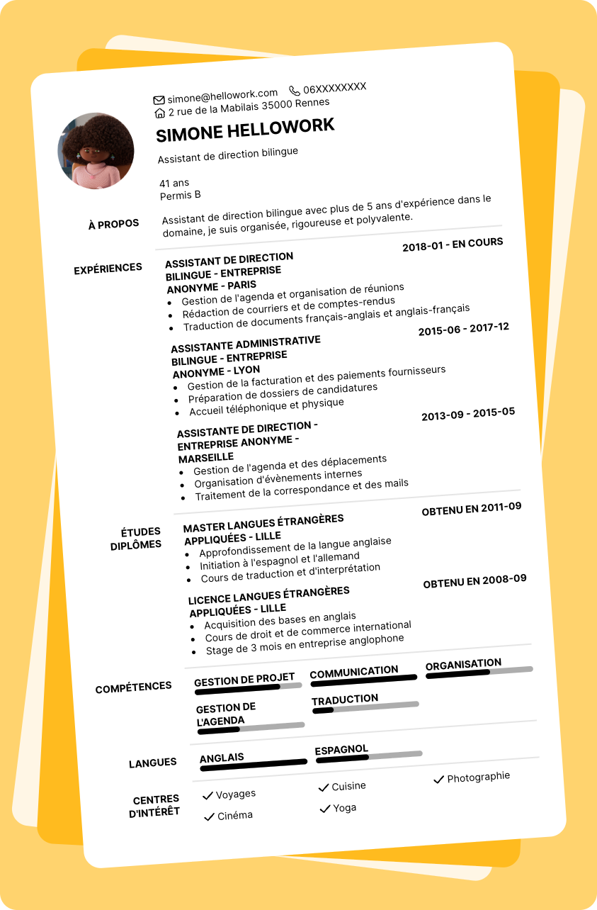 Modèle CV Assistant de direction bilingue Exemple CV Assistant de direction bilingue