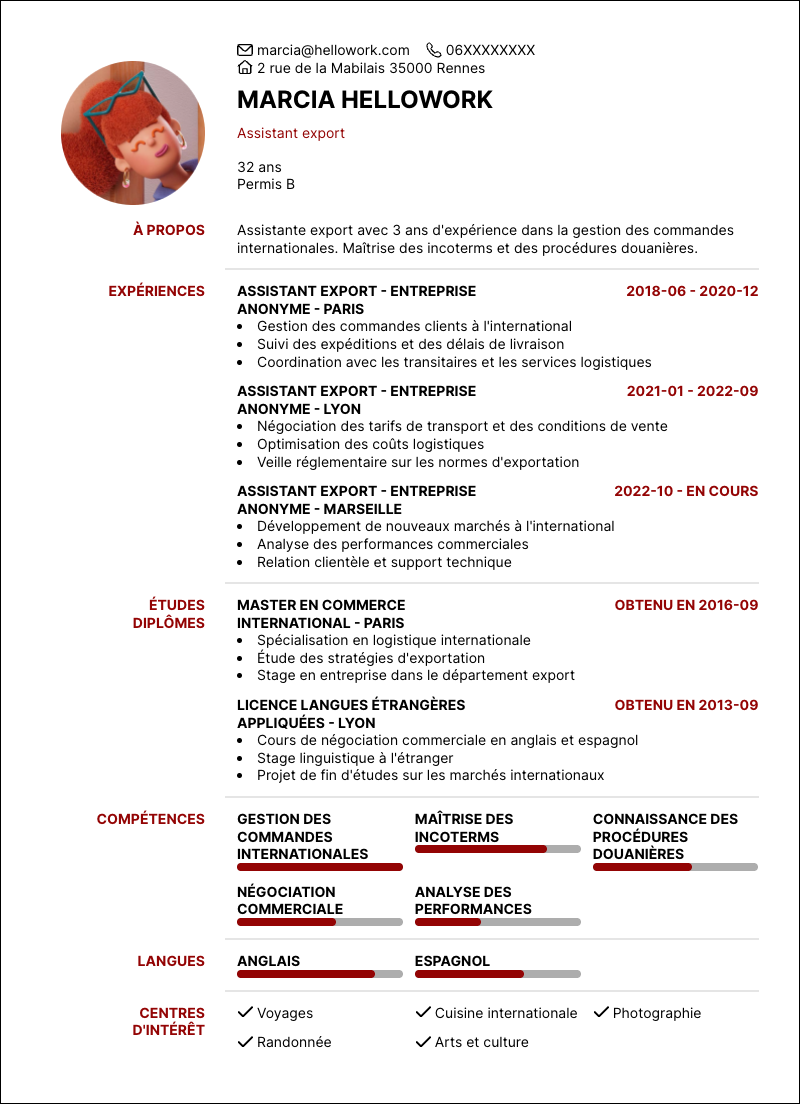 Modèle CV Assistant export Exemple CV Assistant export