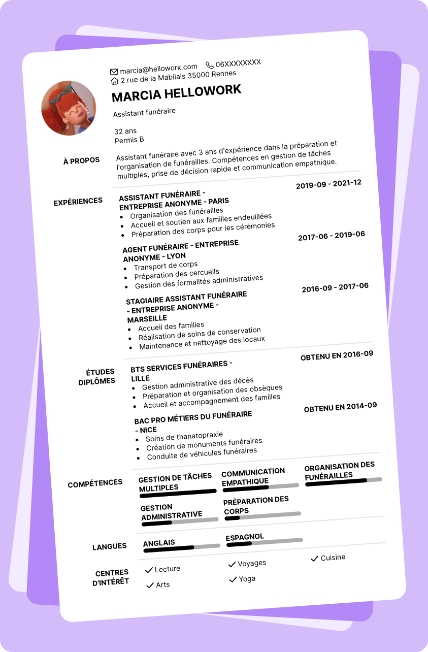 Modèle CV Assistant funéraire Exemple CV Assistant funéraire