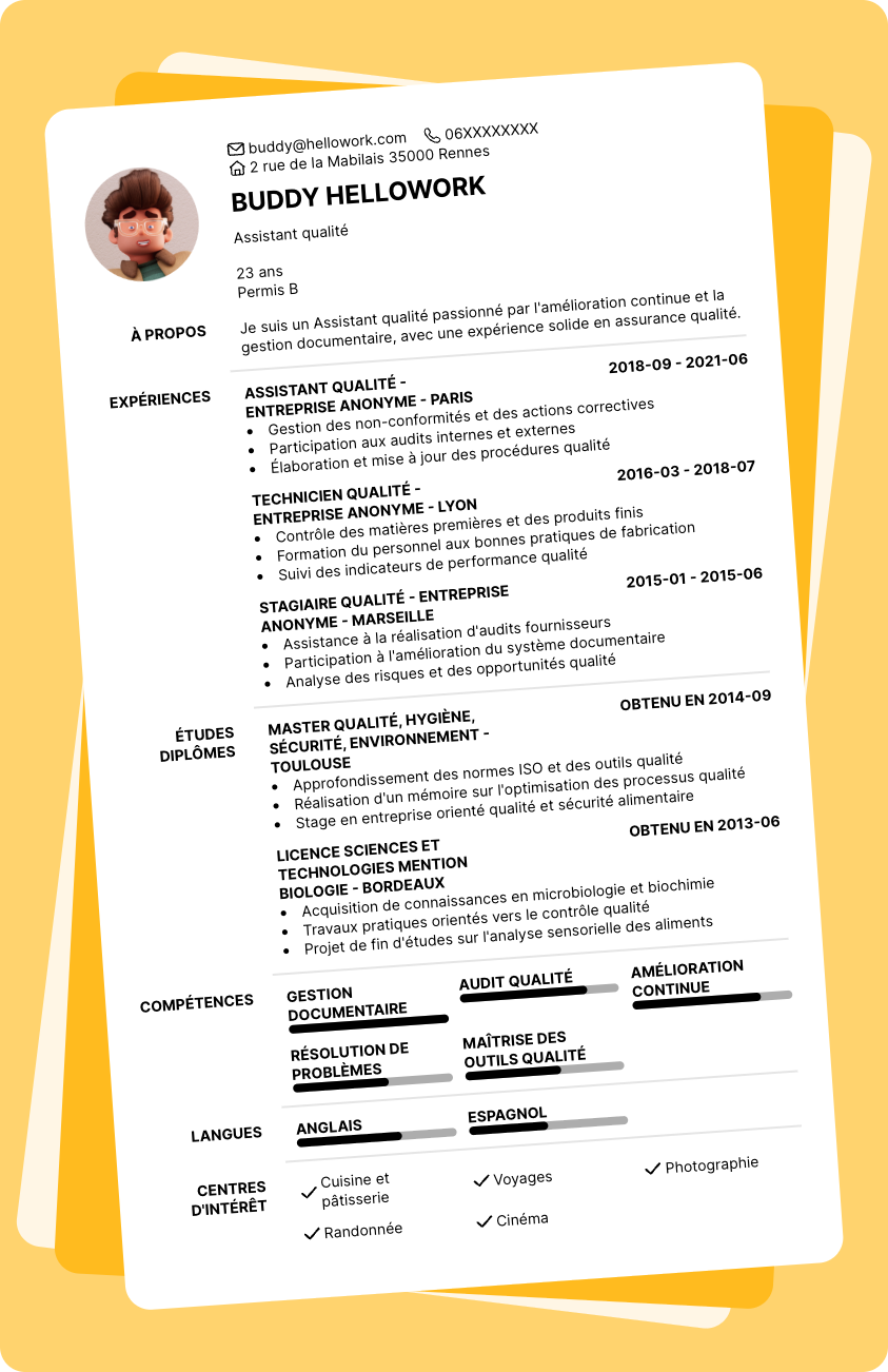 Modèle CV Assistant qualité Exemple CV Assistant qualité