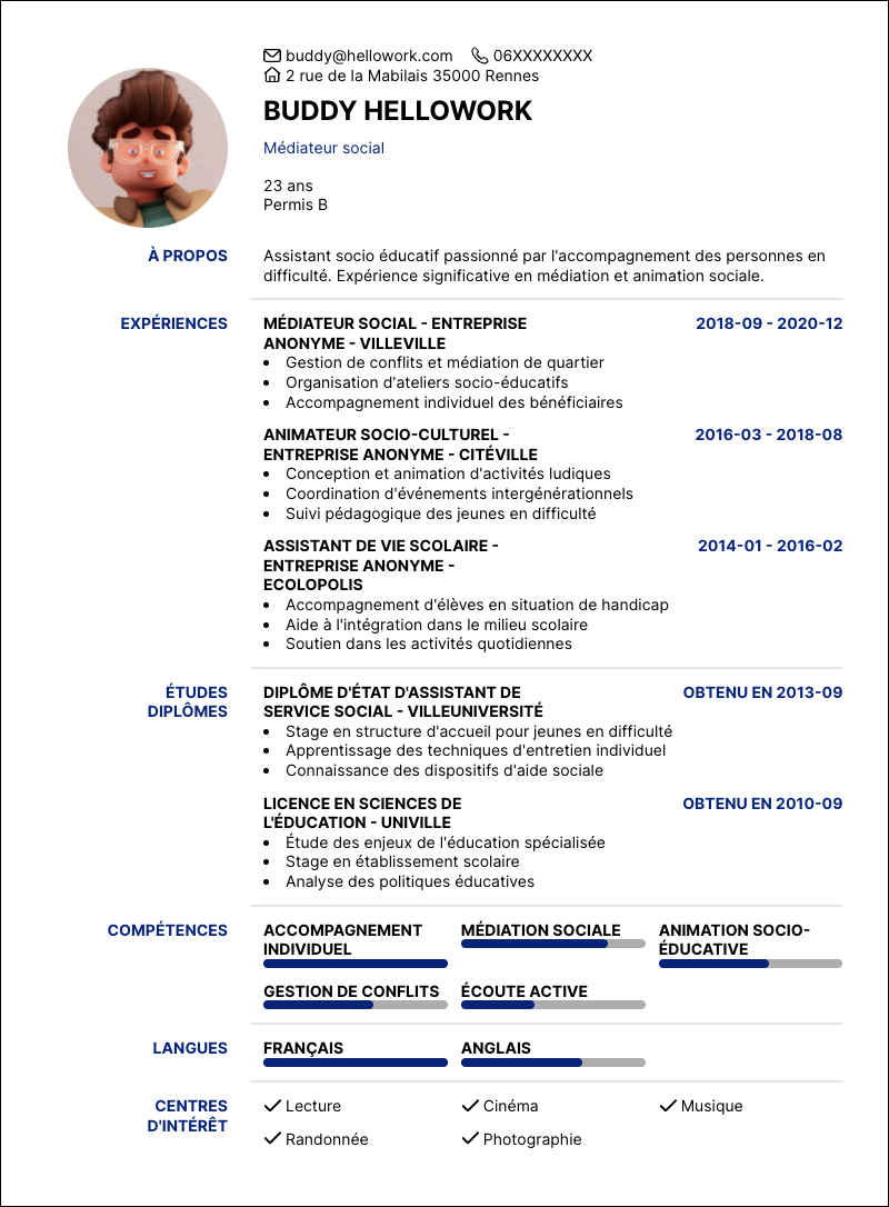 Exemple CV Assistant socio éducatif