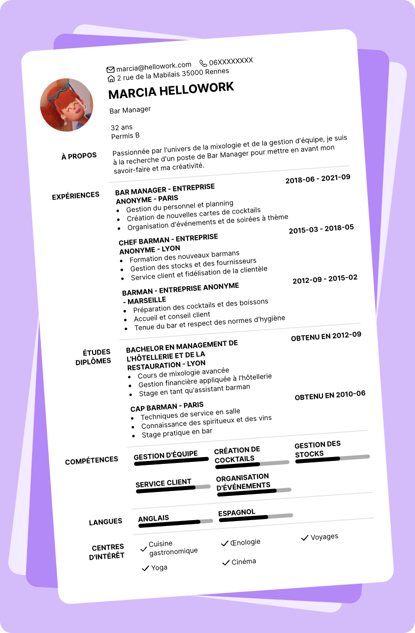 Exemple CV Bar manager