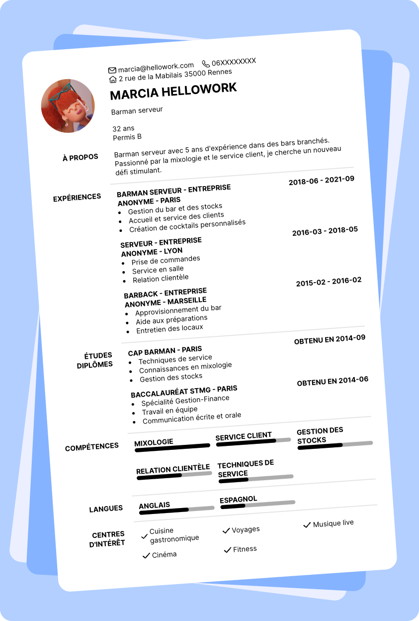 Modèle CV Barman serveur Exemple CV Barman serveur