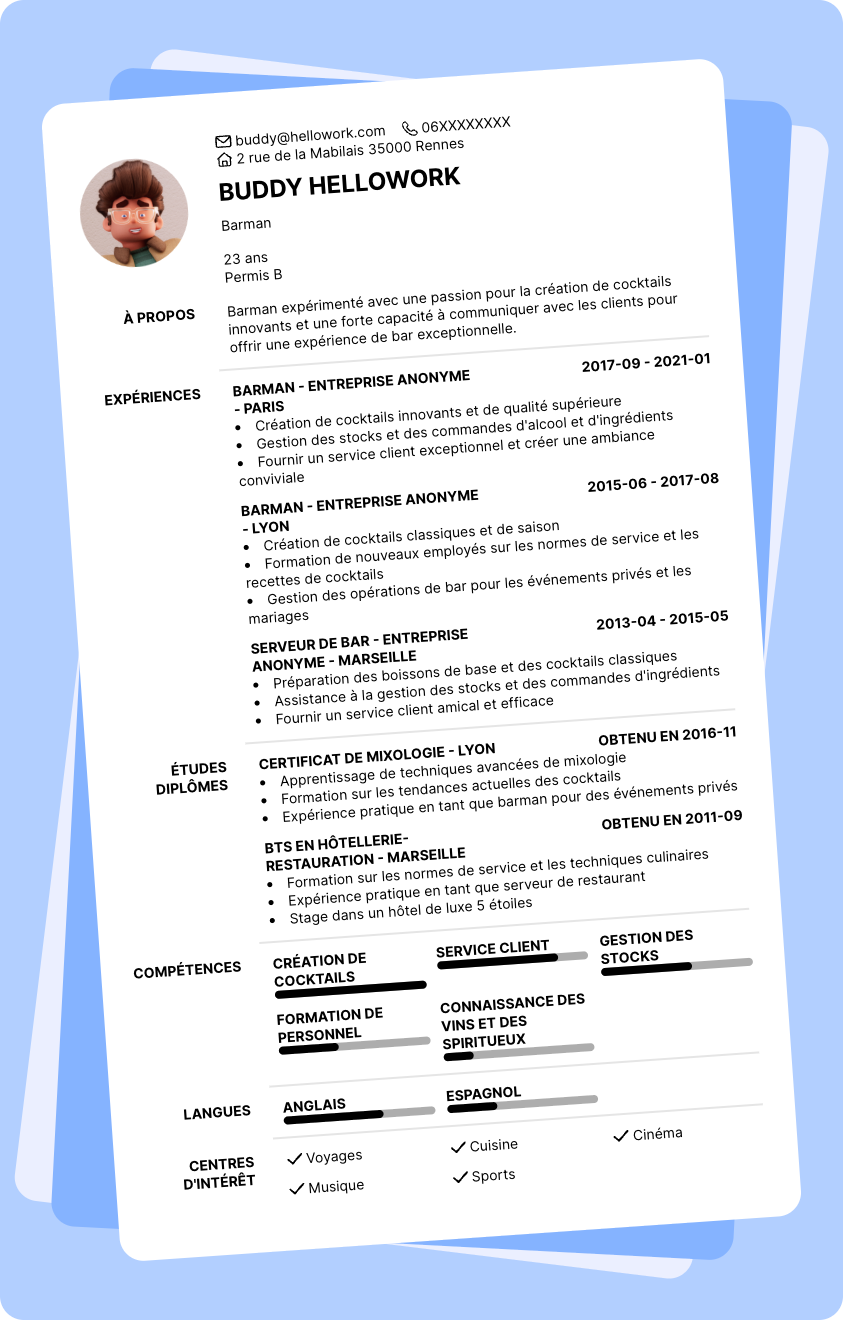 Modèle CV Barman Exemple CV Barman