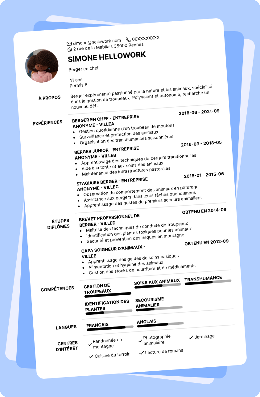 Modèle CV Berger Exemple CV Berger