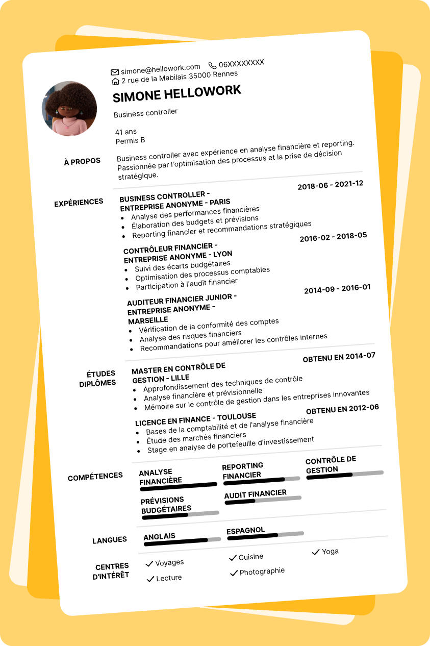 Modèle CV Business controller Exemple CV Business controller