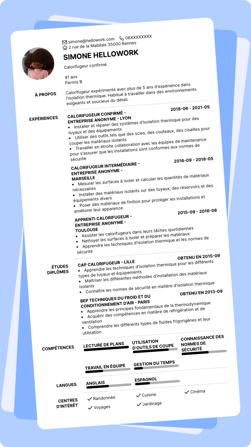 Modèle CV Calorifugeur Exemple CV Calorifugeur