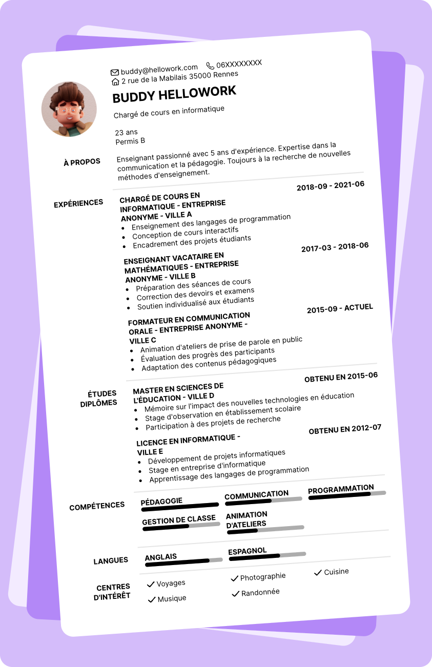 Modèle CV Chargé de cours Exemple CV Chargé de cours