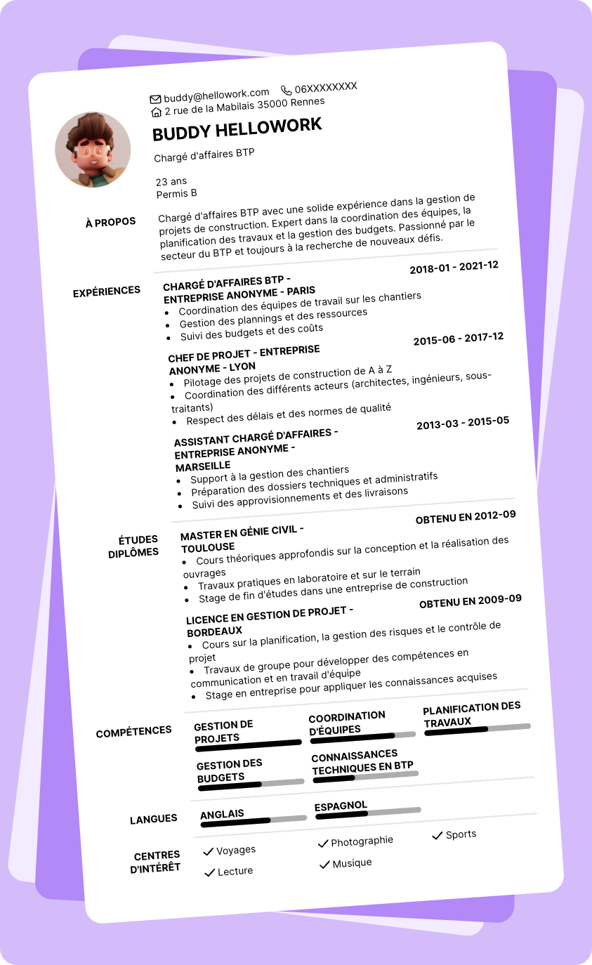 Modèle CV Chargé d'affaire BTP Exemple CV Chargé d'affaire BTP