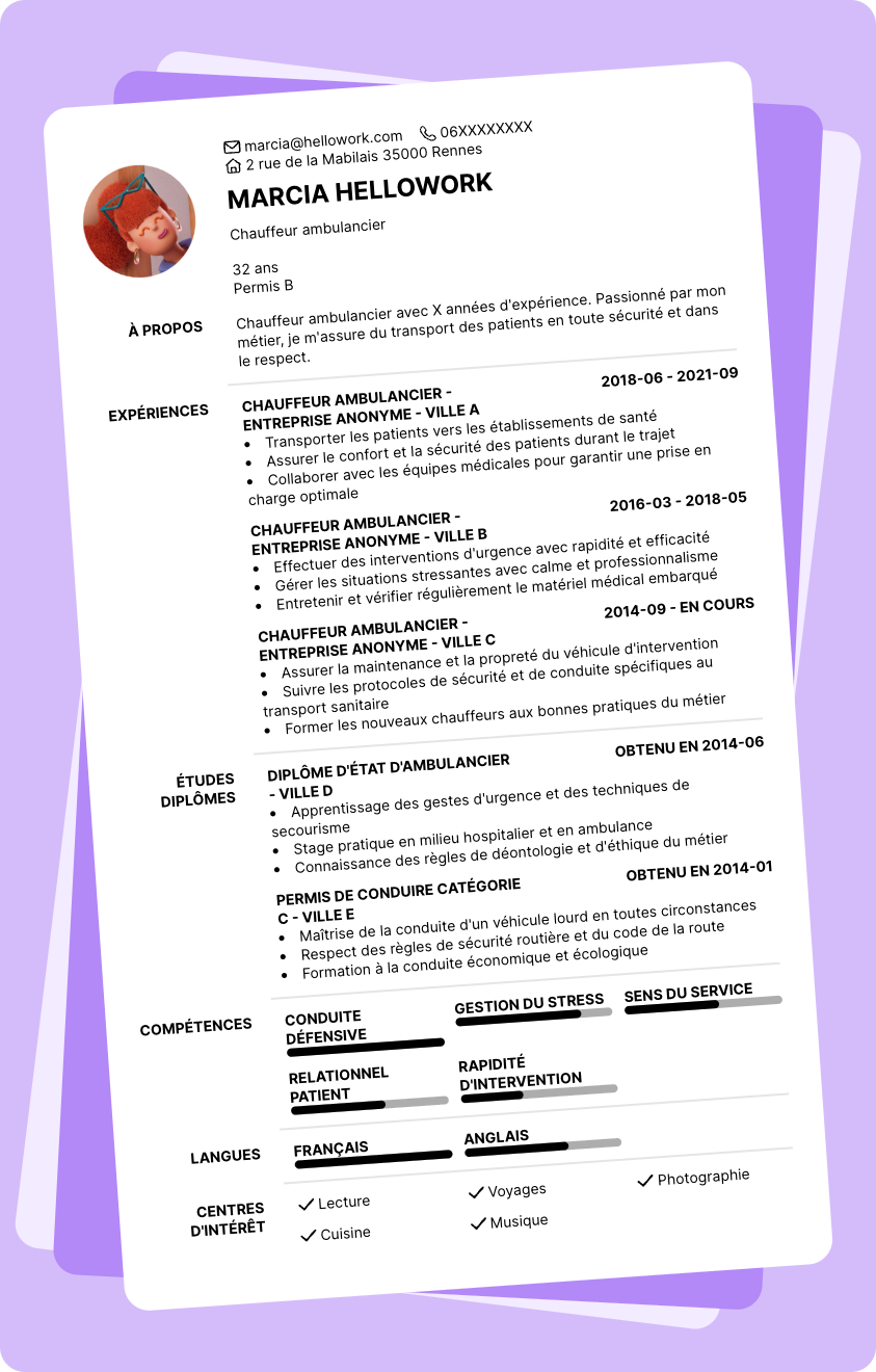 Modèle CV Chauffeur ambulancier Exemple CV Chauffeur ambulancier