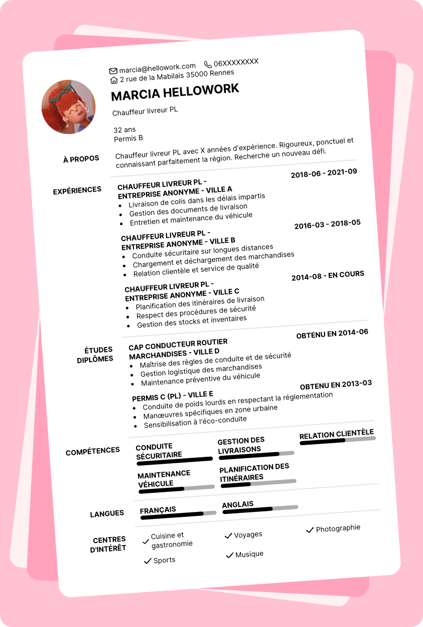 Exemple CV Chauffeur livreur PL