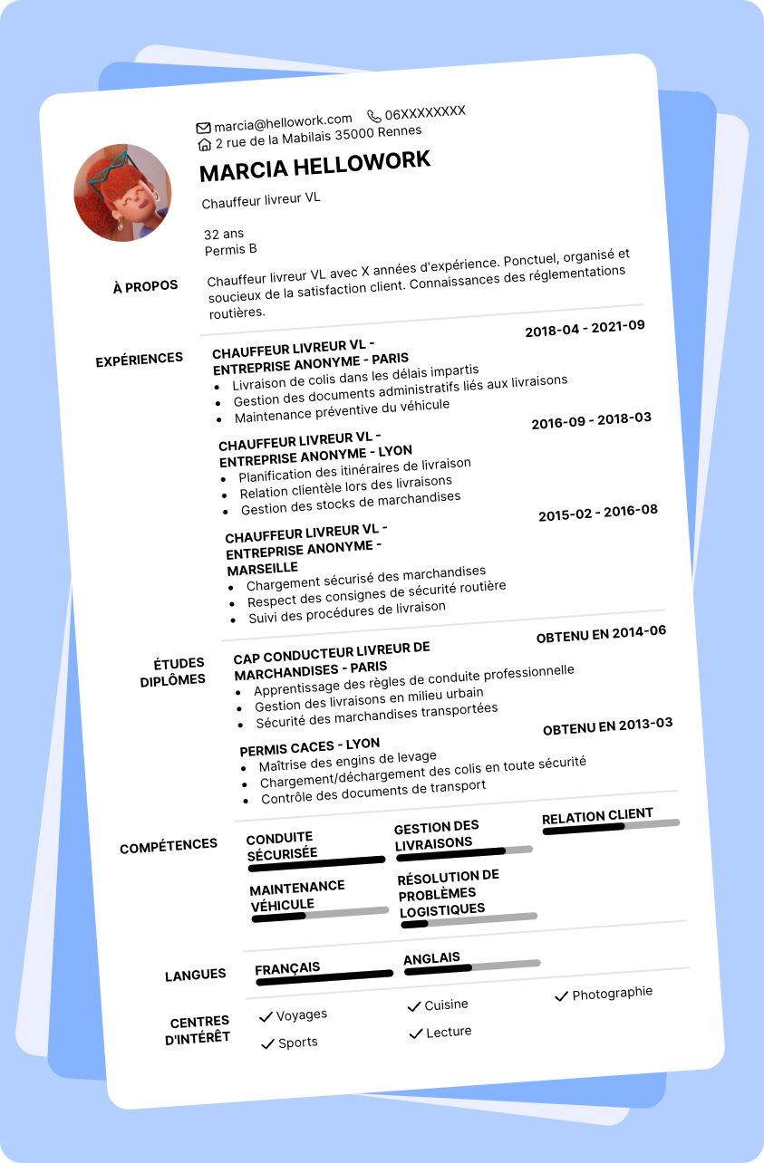 Exemple CV Chauffeur livreur VL